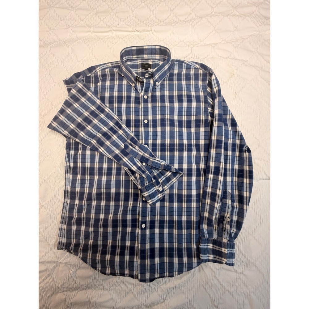 J.Crew Men's Large Cotton Shirt Blue White Plaid Long Sleeve Button Down